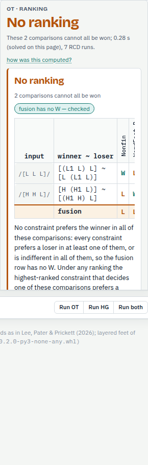 The OT card for Latin under TS-OG: the headline No ranking, an orange-bordered proof card with two comparison rows and their fusion row, a paragraph of explanation, and the folds as text and chosen structures.
