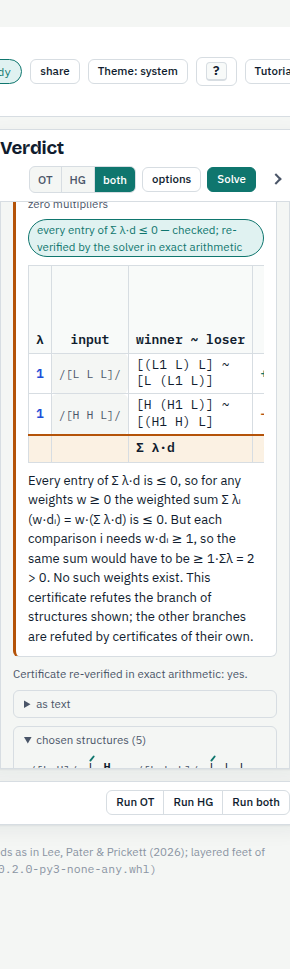 The HG card for Latin under TS-OG: the headline No weighting, an orange-bordered certificate card with a multiplier column, two comparison rows and a combined row, a paragraph of explanation, the re-verification line, and the folds as text and chosen structures.