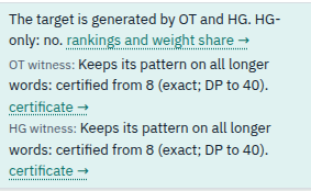 The summary line under the verdicts of language 112: OT witness: Keeps its pattern on all longer words: certified from 8 (exact; DP to 40), certificate link; HG witness: the same sentence and link.